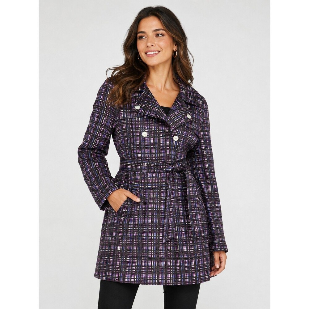 Richard Chai Purple & Black Abstract Plaid Belted Trench Coat Women's Jacket M